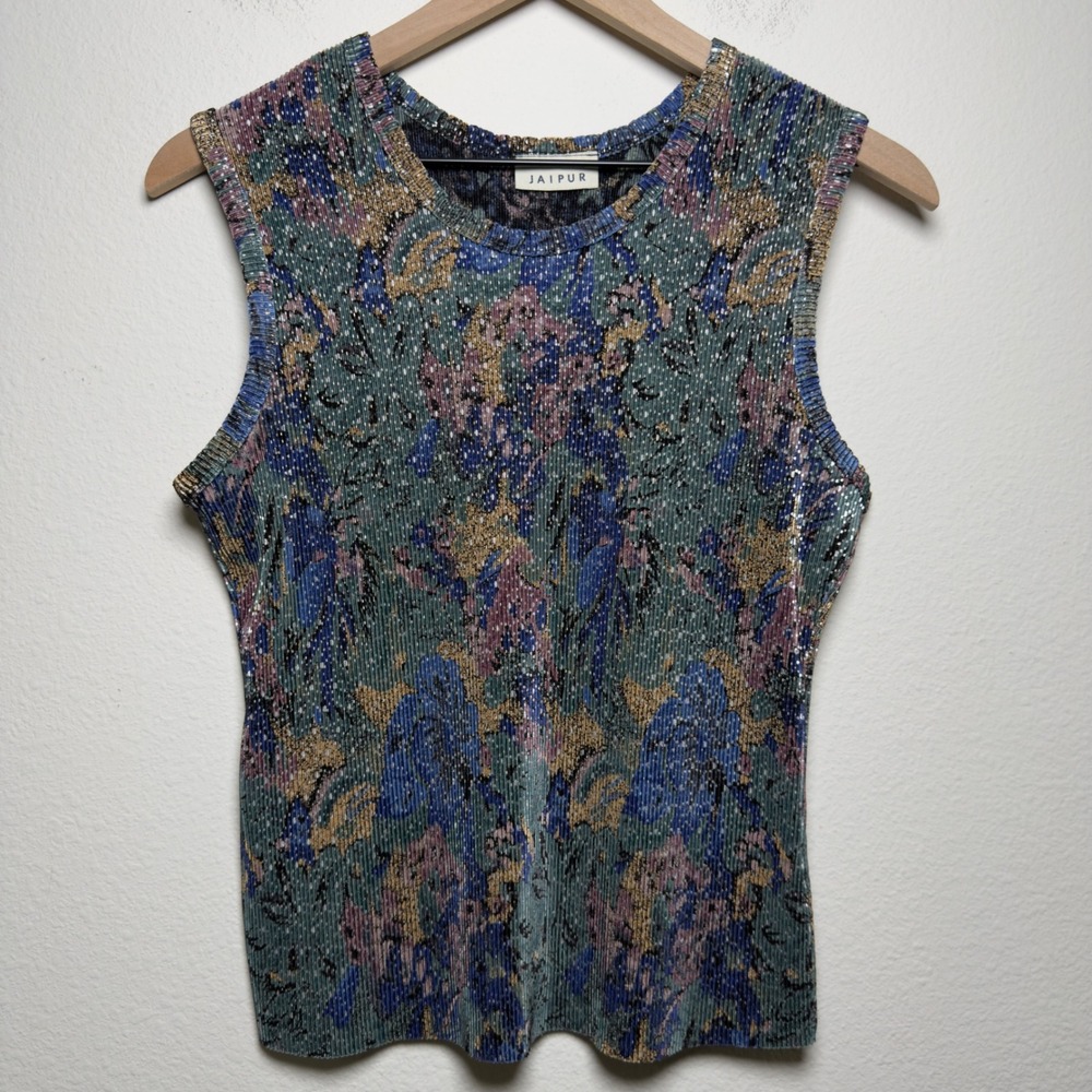 VTG 90s Jaipur‎ Women Whimsigoth Top L Pleated Metallic Abstract Floral Western